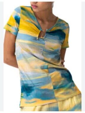 Adrienne Landau Onyx - Split Neck Hardware Printed Knit Blouse Medium